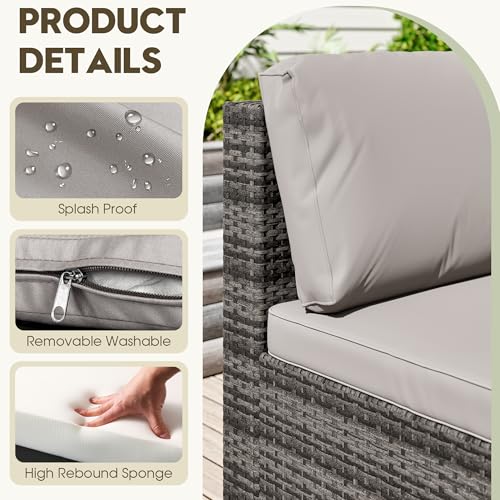 7 Piece Patio Outdoor Furniture Set, Outdoor Sectional, All-Weather Hand-Woven Wicker Patio Sectional Sofa, Rattan Outside Furniture with Grey Cushion and Glass Coffee Table