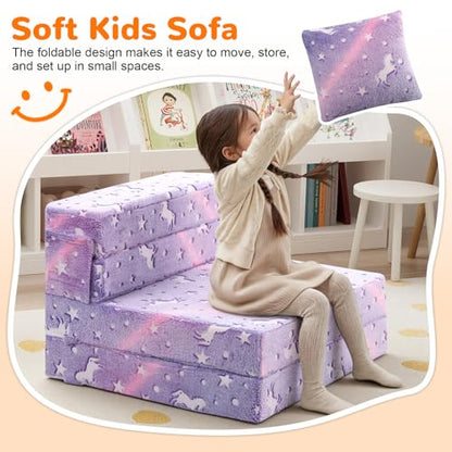 Foldable Futon Chair Bed for Kids, Glow Tri-Fold Sofa Bed Convertible Toddler Sofa Mattress, Foam Floor Couch for Sitting, Purple