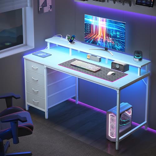 47 Inch Computer Desk with 4 Drawers,4 Drawer Gaming Desk with Power Outlets and LED Lights,Office Desk for Small Spaces with Monitor Shelf,Writing Desk for Home Office,Bedroom, Study,White