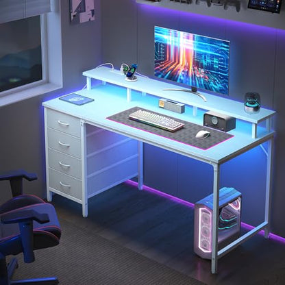 47 Inch Computer Desk with 4 Drawers,4 Drawer Gaming Desk with Power Outlets and LED Lights,Office Desk for Small Spaces with Monitor Shelf,Writing Desk for Home Office,Bedroom, Study,White
