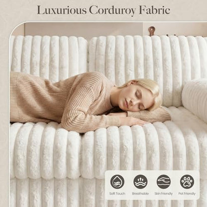 Plush Corduory Sectional Sleeper Sofa with Wide Deep Seat Modular Sectional Cloud Couches for Living Room. Beige Couch