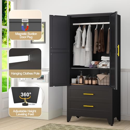 Metal Wardrobe Cabinet with 2 Drawers, 71" Clothing Storage Cabinets, view 6
