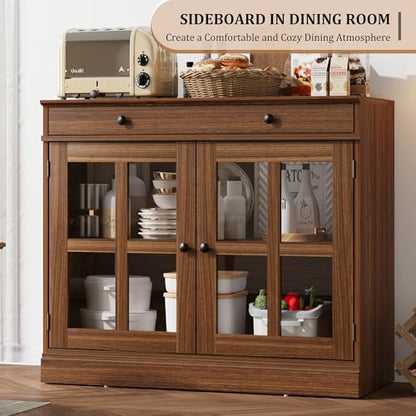 Modern 35.4" Sideboard Buffet Cabinet with Glass Door, Walnut, view 8