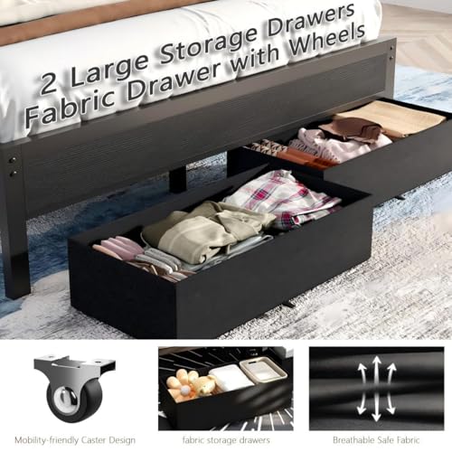 Queen Bed Frame with Storage Drawers and Upholstered Headboard, view 6