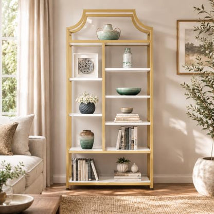 8-Tier Open Shelf Bookcase, 70.87"H x 31.5"L Lux Etagere Bookshelf, Modern Display Shelf with Gold Metal Frame & White Shelves,Tall Storage Display for Bedroom, Home Office & Living Room (Gold)
