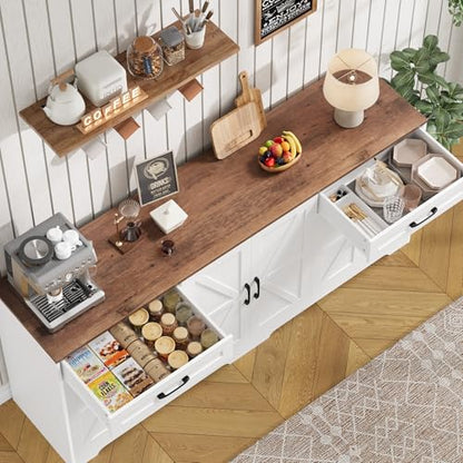 71” Large Sideboard Buffet Cabinet with Storage, Farmhouse Kitchen Buffet Cabinet with Adjustable Shelves and 6 Barn Doors, Wood Coffee Wine Bar Console Table for Kitchen, Dining Room, White