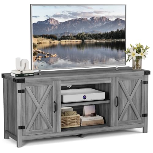 Modern Farmhouse TV Stand with Two Barn Doors and Storage Cabinets for Televisions up to 65+ Inch,Entertainment Center Console Table,Media Furniture for Living Room,Light Grey