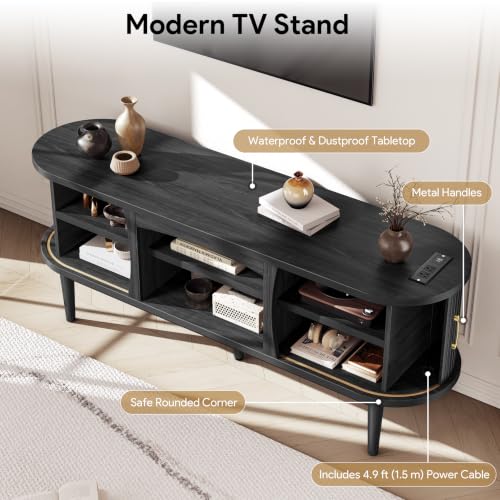 58" Fluted TV Stand, Mid Century Modern Entertainment Center, Black, view 6