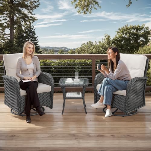 Outdoor Swivel Glider Rocker Chairs - 3 Piece Patio Furniture Set, Patio Bistro Sets with Tempered Glass Side Table, for Balcony, Porch - Black Wicker Beige Cushion