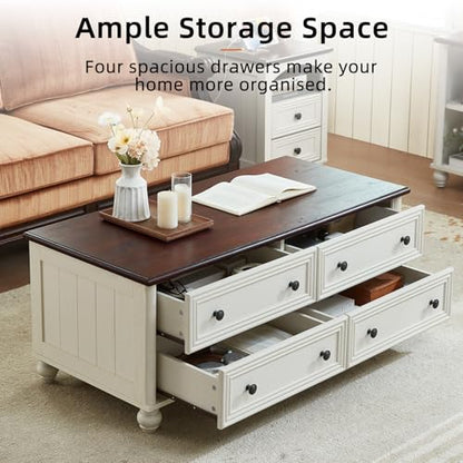 48" Farmhouse Coffee Table with Hidden Storage,Wooden Coffee Tables with 4 Drawers & Roman Column Handle,Rectangular Rustic Center Table with Solid Wood Curved Base for Living Room,Office,White