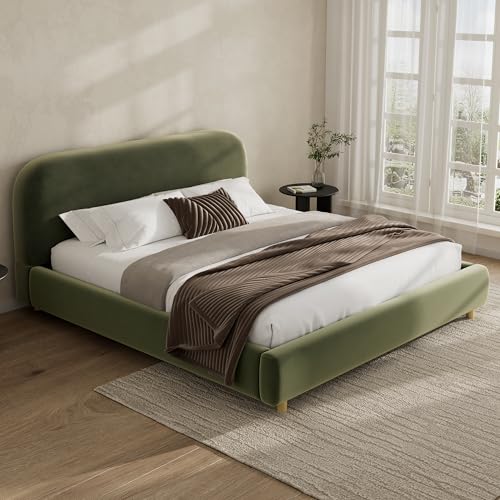 Queen Velvet Fabric Platform Bed with Curved Headboard, Olive Green, view 4