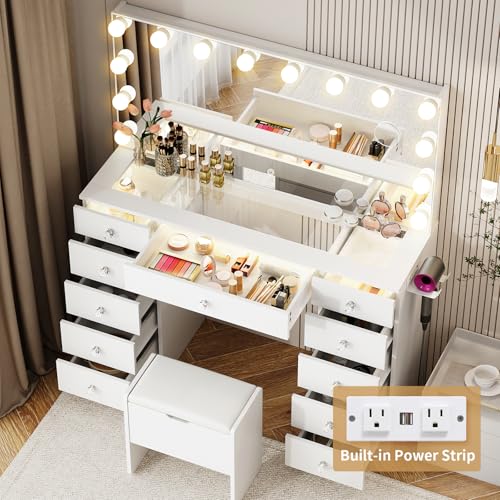 Vanity with Lighted Mirror, Glass Top Makeup Vanity Desk with Lights, view 6