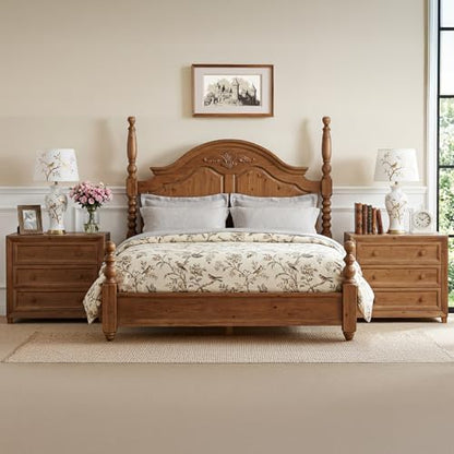 Solid Wood Nightstand with 3 Drawers Set of 2, 31.5” Wide Bedside Table with Round Wooden Knobs & Low-Profile Legs for Stability, Mid-Century Modern Night Table for Bedroom, Easy Assembly