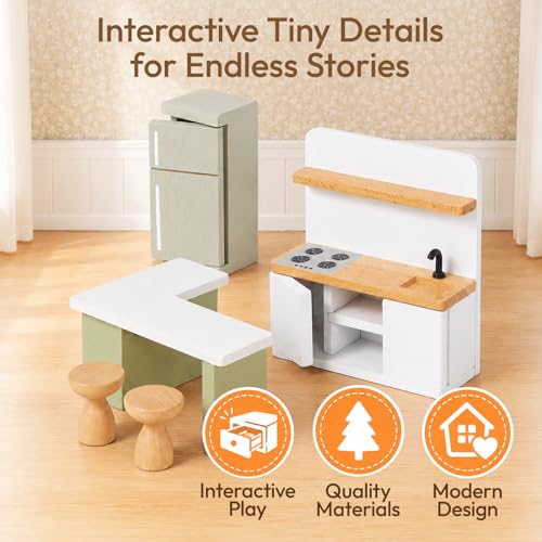 33 PCS Wooden Dollhouse Furniture Set, Modern Doll House Accessories with Bedroom, Kitchen, Bathroom, Nursery & Living Room, Montessori Pretend Play Toys for Kids Girls Boys Age 3+