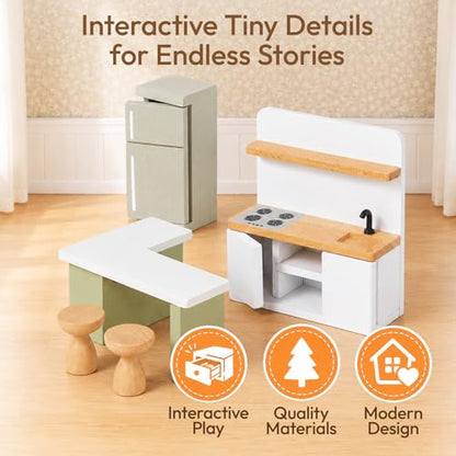 33 PCS Wooden Dollhouse Furniture Set, Modern Doll House Accessories with Bedroom, Kitchen, Bathroom, Nursery & Living Room, Montessori Pretend Play Toys for Kids Girls Boys Age 3+