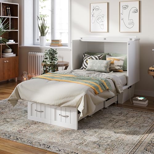 Sydney Twin Wood Murphy Bed Chest with 6" Mattress, Storage Drawer & Built-in USB Charger, White