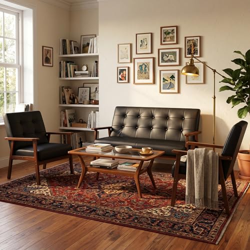 3 Piece Black Faux Leather Mid Century Modern Wood Frame Living Room Set | Loveseat Sofa Set Tufted Upholstery Furniture Set, Couch Set for Waiting Room\Small Space\Office\Dorm\Lobby