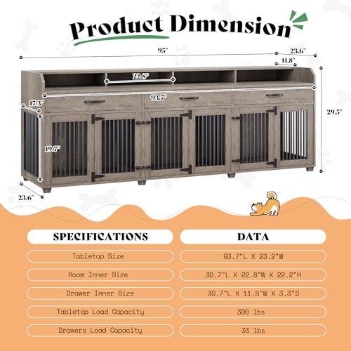 95" Farmhouse Large Dog Crate Furniture with 3-Room Indoor Kennel, view 3
