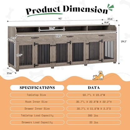 95" Farmhouse Large Dog Crate Furniture with 3-Room Indoor Kennel, view 3