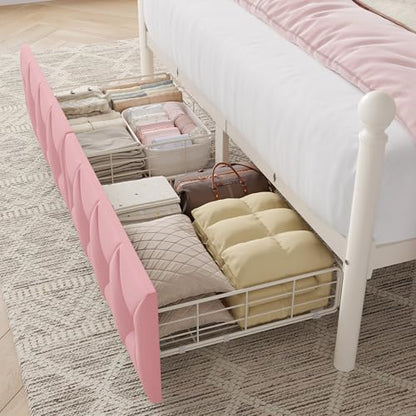 Queen Size Upholstered LED Canopy Bed Frame with Charging Station and Drawer, view 6