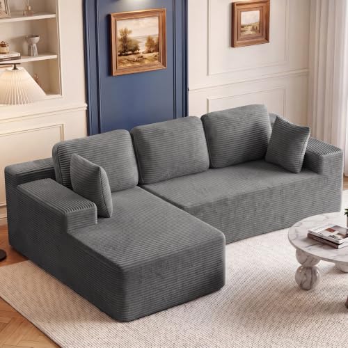 110" Boneless Sectional Couch, Modular Sectional Sofa L-Shape Couch with Deep Seat, Cloud Comfy Boneless Couch for Living Room, No Assembly Required (Corduroy, Grey)