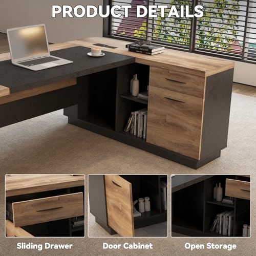 L Shape Executive Desk, Large Office Desk with Drawers & Shelves, view 6