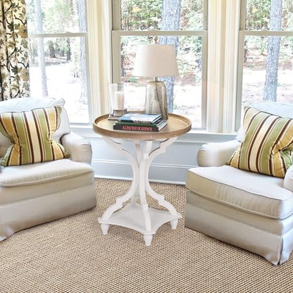 Farmhouse Round Accent End Table, Rustic Side Table Nightstands for Living Room, Wood Tray Top, Handcrafted Finish, Set of 2, White