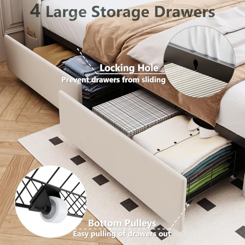 Upholstered beige bed frame with drawers and lights, easy assembly, view 5