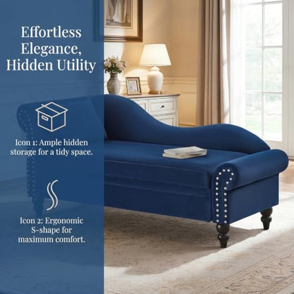 64.5" Velvet Chaise Lounge Chair Indoor with Storage, Navy Blue, view 6