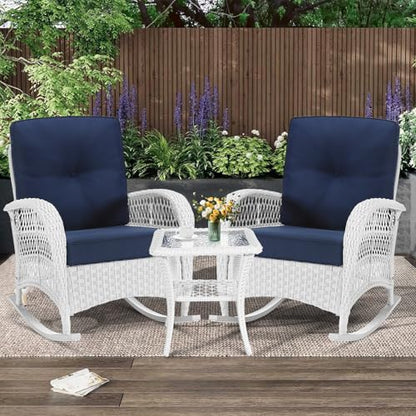3 Pieces Patio Conversation Set, Rattan Outdoor Rocking Patio Bistro Set with 2 Rockers and 1 Side Table with 4" Thick Cushions, Outdoor Furniture Set for Porch Backyard, White Wicker/Navy