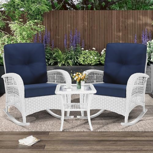 3 Pieces Patio Conversation Set, Rattan Outdoor Rocking Patio Bistro Set with 2 Rockers and 1 Side Table with 4" Thick Cushions, Outdoor Furniture Set for Porch Backyard, White Wicker/Navy