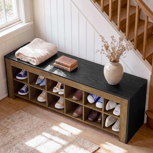 48-inch Farmhouse Entryway Bench, Wooden Shoe Storage Bench with 12 Cubbies & Compartments, Shoe Rack Organizer, Freestanding Shoe Cabinet for Hallway, Mudroom, Cloakroom, Bedroom