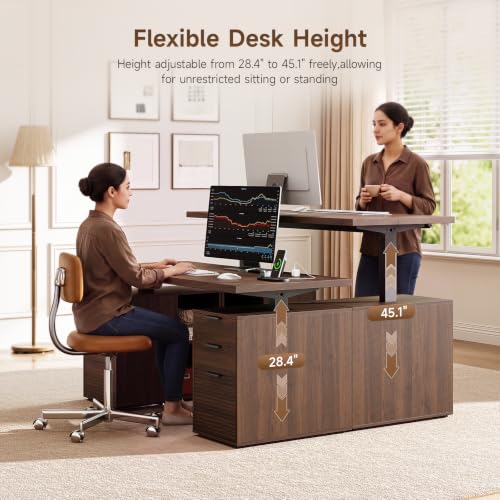 63" Electric Standing Desk with 6 Drawers,Storage Shelves,Walnut, view 4