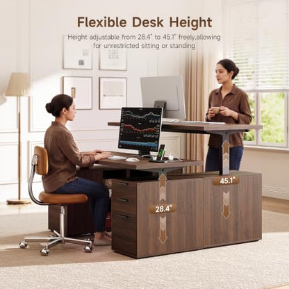 63" Electric Standing Desk with 6 Drawers,Storage Shelves,Walnut, view 4