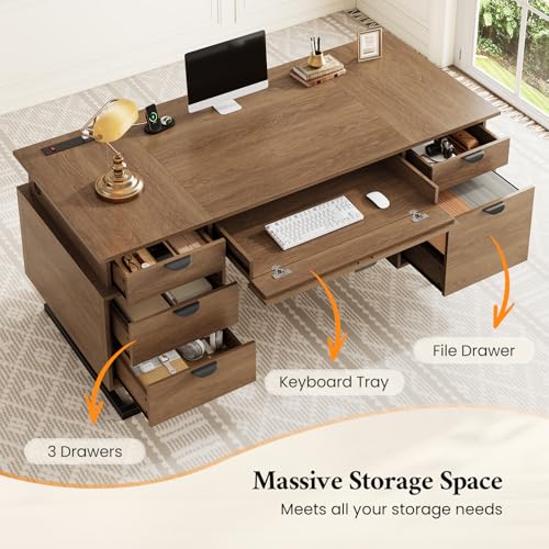 63" W x 27.6" D Executive Desk with 2 Cabinets & Power Outlet, view 5