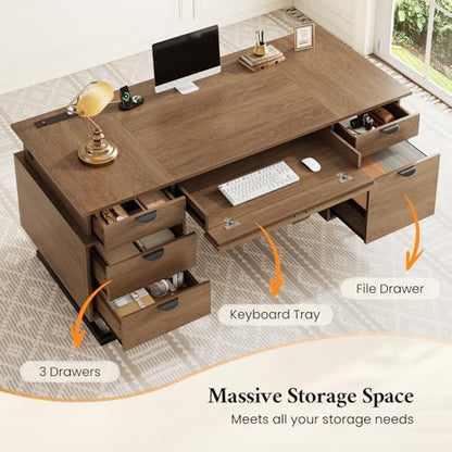 63" W x 27.6" D Executive Desk with 2 Cabinets & Power Outlet, view 5