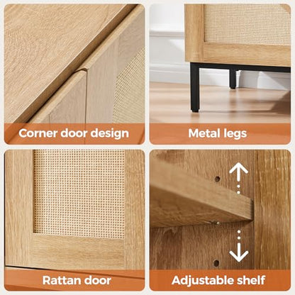 Buffet Cabinet with Storage, Sideboards 2 Doors with Metal Base and Adjustable Shelf for Kitchen, Coffee Bar, Entryway, Hallway,Living Room (Rattan Buffet Cabinet, Natural)