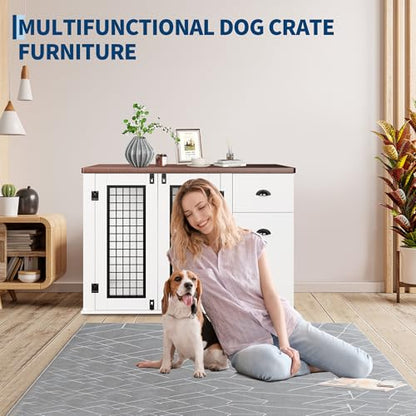 Elegant Wooden Dog Crate Furniture with Double Doors, Storage Drawers, view 4