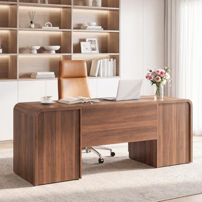 71" Walnut Executive Desk with Drawers, Home Office Desk with Storage, view 4