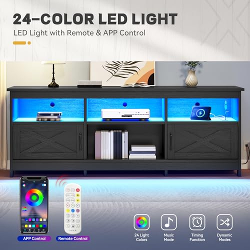 70" Farmhouse TV Stand for 70-80" TVs with LED, Living Room, Black, view 6