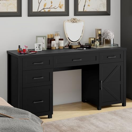 Farmhouse 61'' Rustic Office Desk with 5 Drawers.Pure Black, view 8