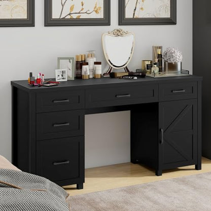 Farmhouse 61'' Rustic Office Desk with 5 Drawers.Pure Black, view 8