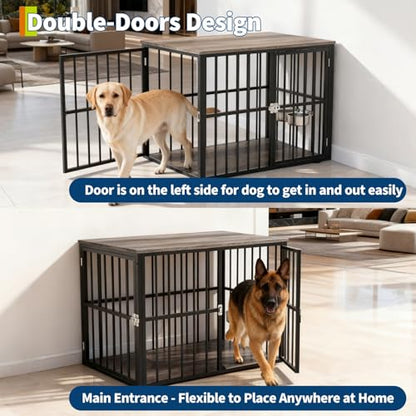 43'' Heavy Duty Dog Crate Furniture with 2 Doors and Adjustable Bowls, view 7
