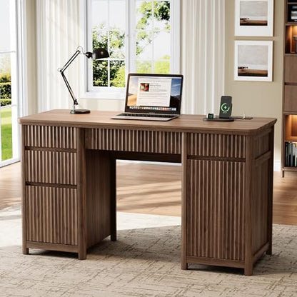 55" Fluted Executive Desk with Drawers & Charging Station, view 2