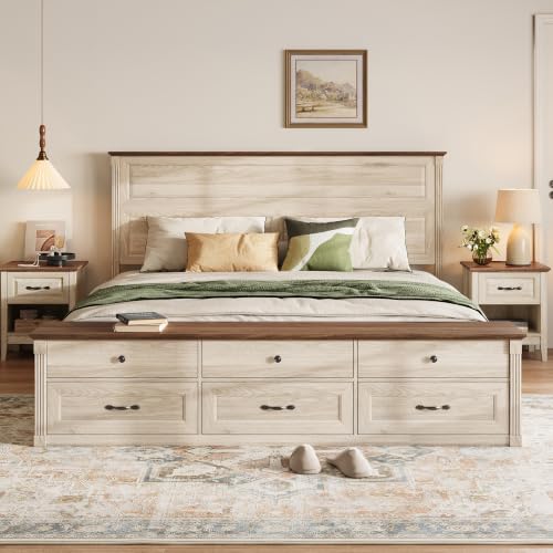 Farmhouse King Bed with Headboard and Storage Bench, Antique White, view 4