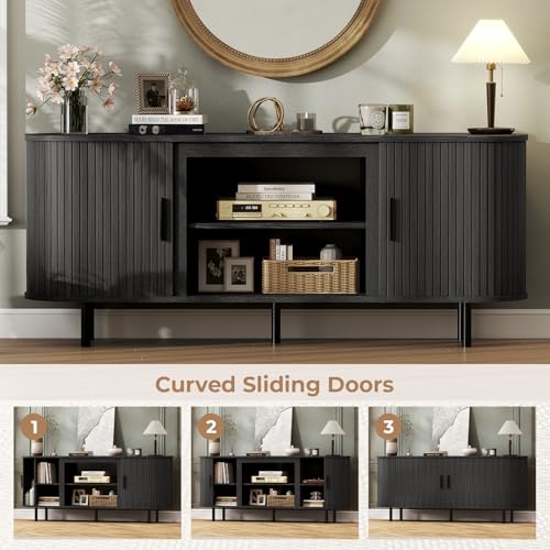 65'' Mid Century Fluted Modern TV Stand-Curved TV Cabinet with Storage, view 5