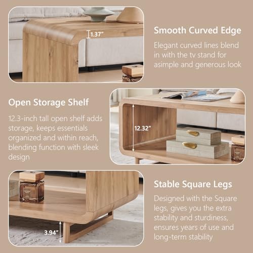 48" Modern Coffee Table, 2-Tier Minimalist Center Table with Storage Shelf, Curved Profile Design, Wooden Rectangular Living Room Table w/Wood Thick Design for Living Room, Office, Natural Oak