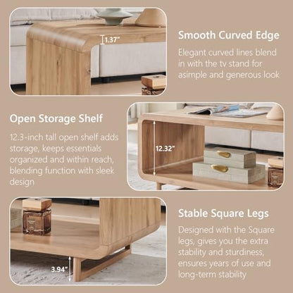48" Modern Coffee Table, 2-Tier Minimalist Center Table with Storage Shelf, Curved Profile Design, Wooden Rectangular Living Room Table w/Wood Thick Design for Living Room, Office, Natural Oak