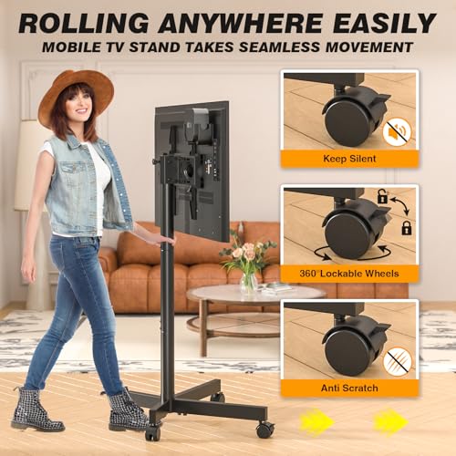 Strong Tall Rolling TV Stand for 23-65 Inch TVs up to 88 lbs, Height Adjustable &Tilt Mobile TV Cart for Optimal Viewing Angle, Portable TV Stand with Locking Silent Wheels for Home and Outdoor