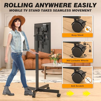 Strong Tall Rolling TV Stand for 23-65 Inch TVs up to 88 lbs, Height Adjustable &Tilt Mobile TV Cart for Optimal Viewing Angle, Portable TV Stand with Locking Silent Wheels for Home and Outdoor